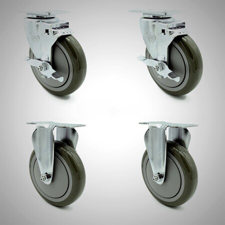Service Caster 5 Inch SS Gray Polyurethane Top Plate Caster Set with 2 Brake 2 Rigid SCC SCC-SS20S514-PPUB-TLB-2-R514-2